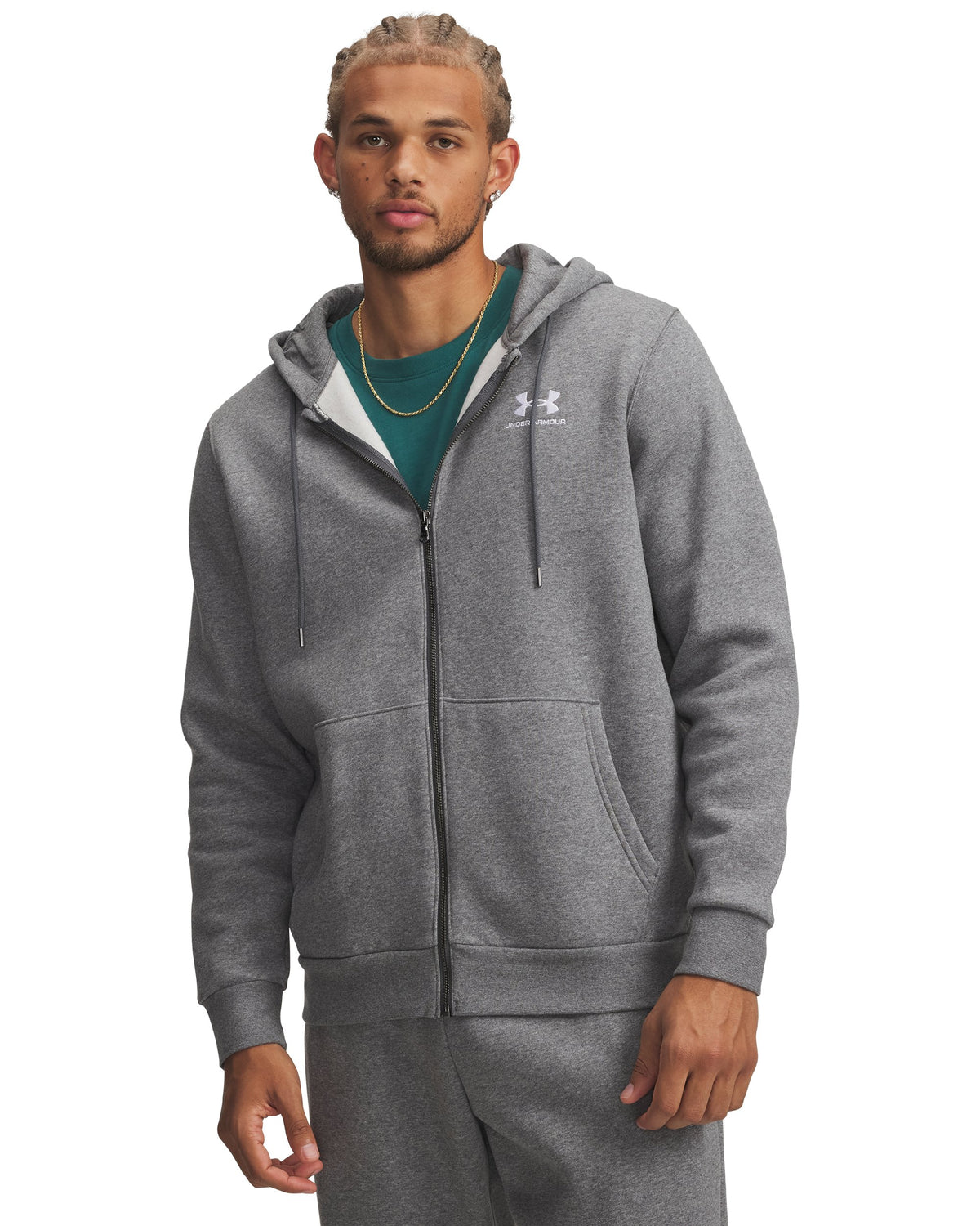UA Icon Fleece FZ Hood - Pitch Gray Medium Heather / White - 012