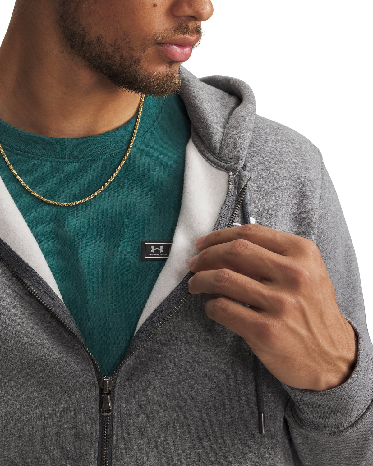UA Icon Fleece FZ Hood - Pitch Gray Medium Heather / White - 012